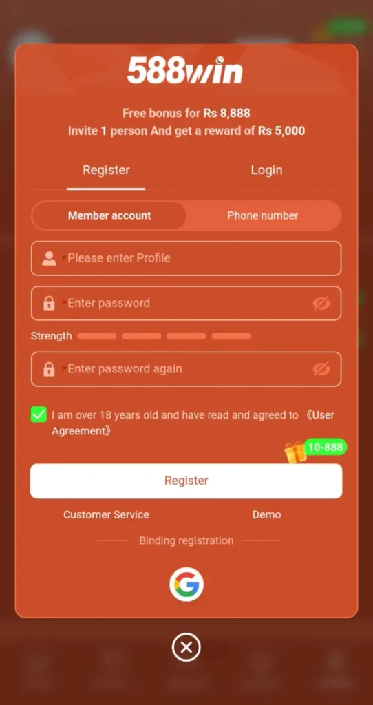588Win Game registration and sign up page