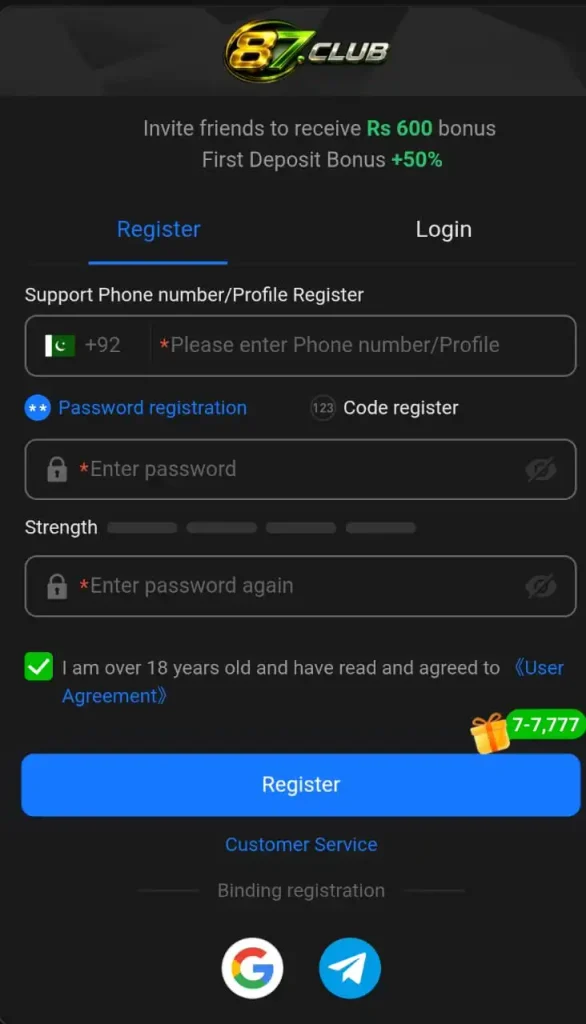 87Club Game registration page